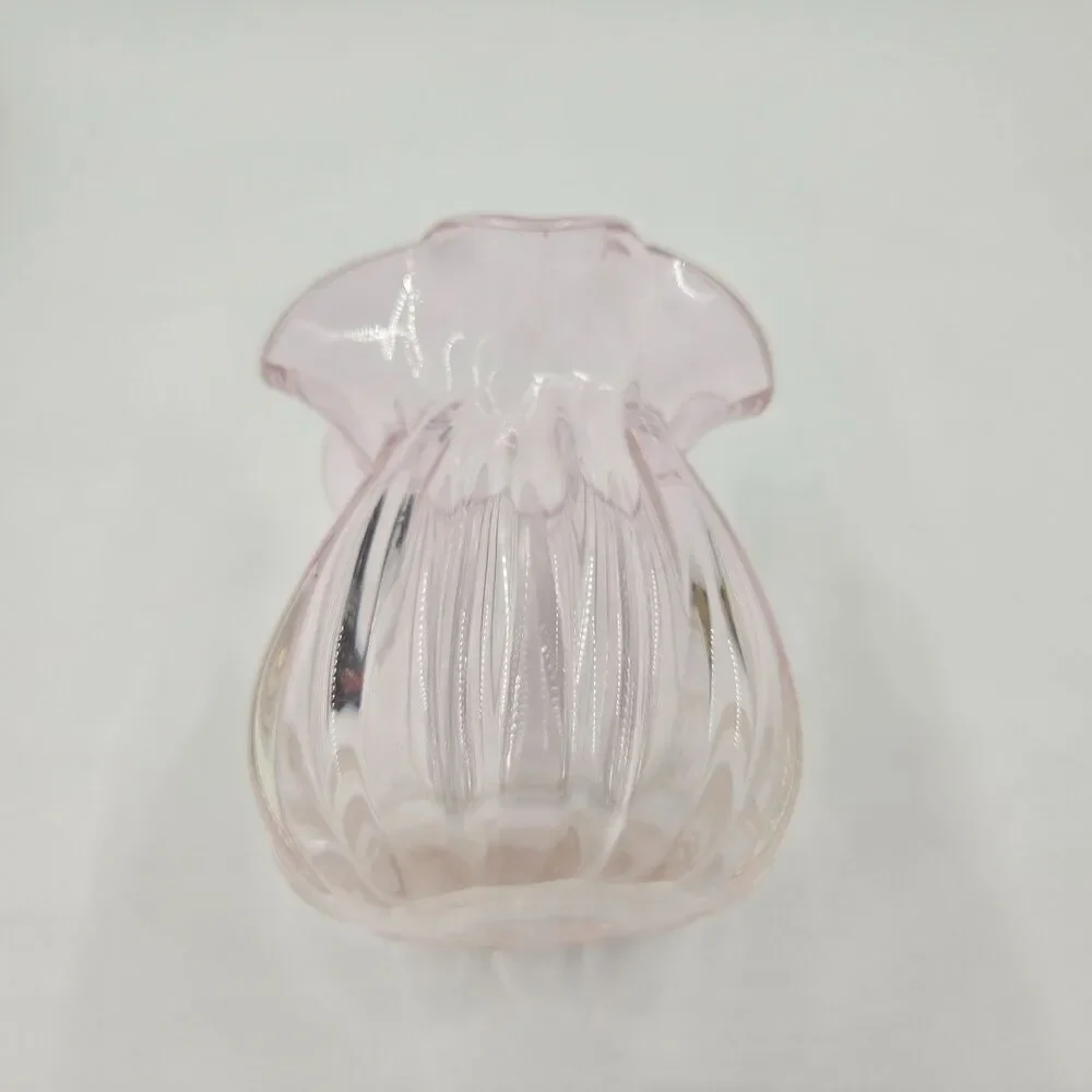 Vintage Pink Depression Optic Glass Ruffle Top Art Glass Vase 8